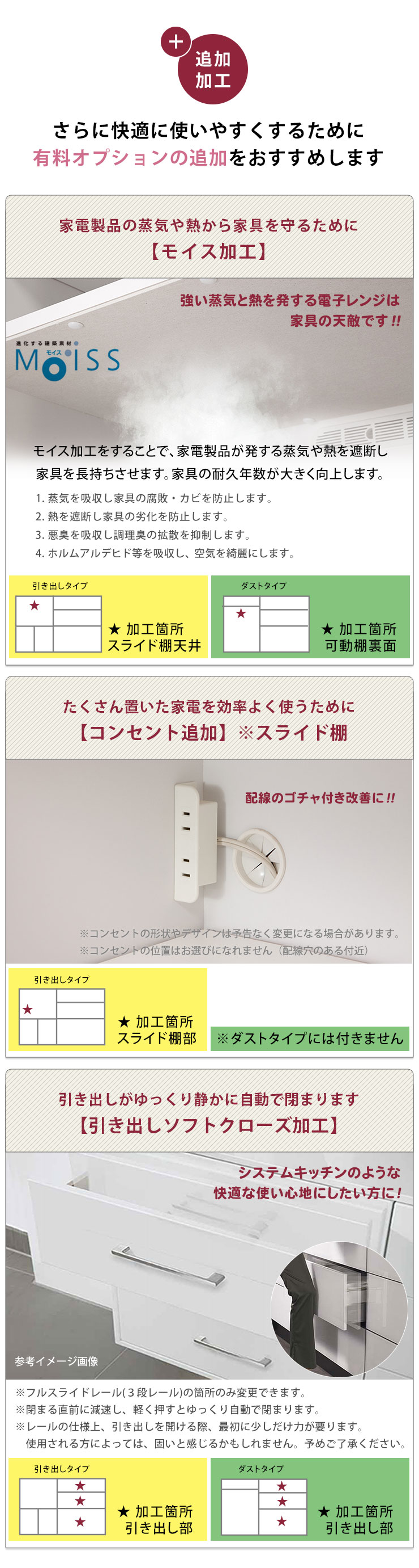 ロータイプ 食器棚 アンサンブル モイス加工・コンセント追加・ソフトクローズ対応の快適仕様