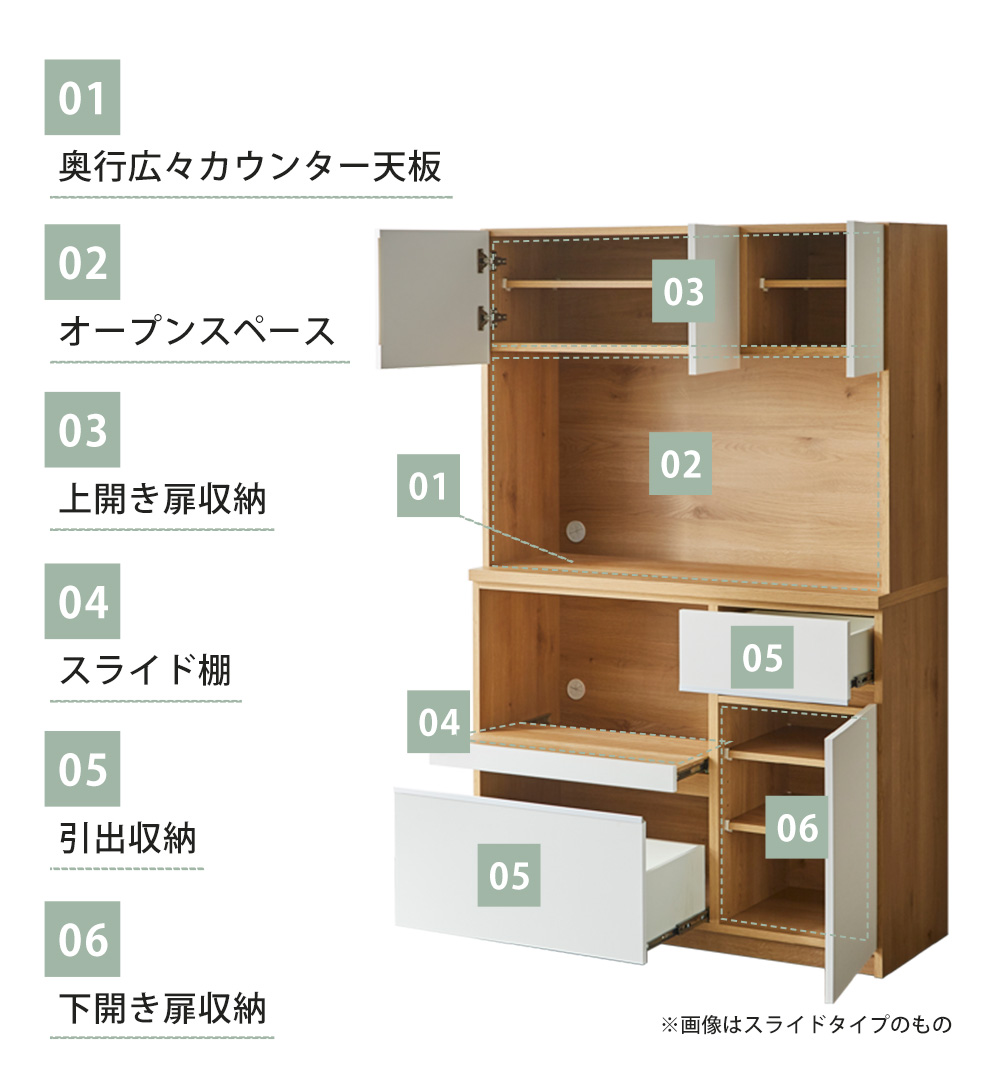 開き戸収納とオープンスペースで食器・家電効率収納