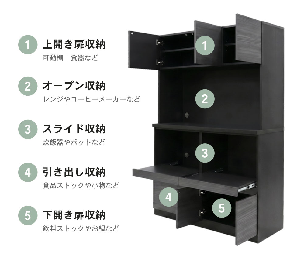 開き戸収納とオープンスペースで食器・家電効率収納