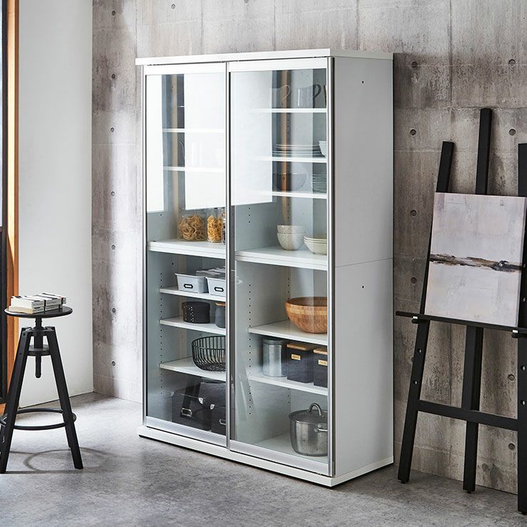 食器棚 ポエム ホワイト(扉枠シルバー)