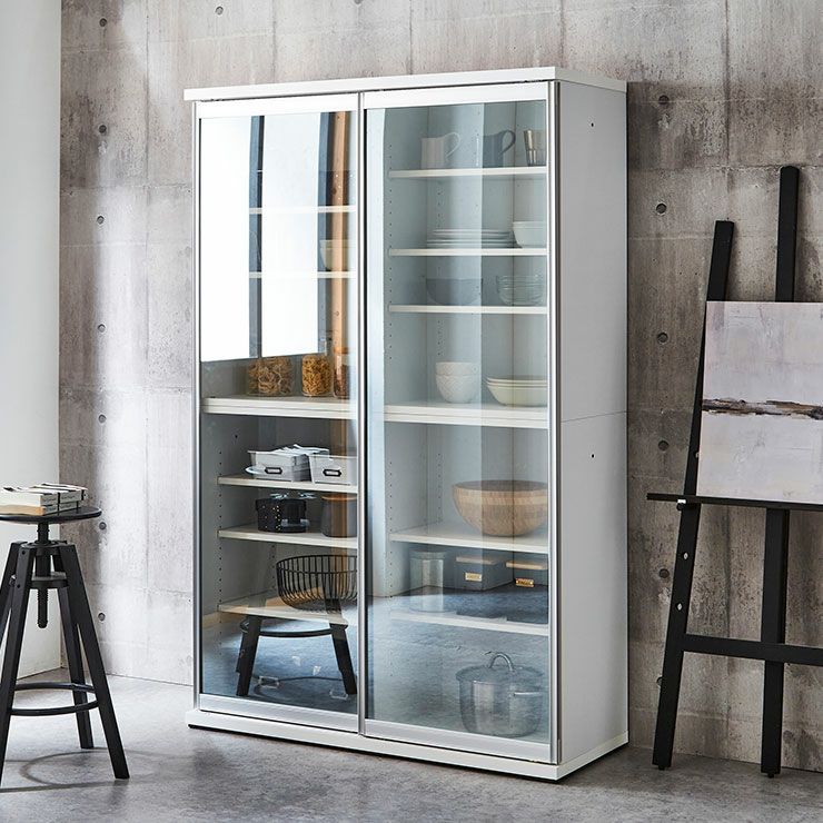 食器棚 ポエム ホワイト(扉枠シルバー)