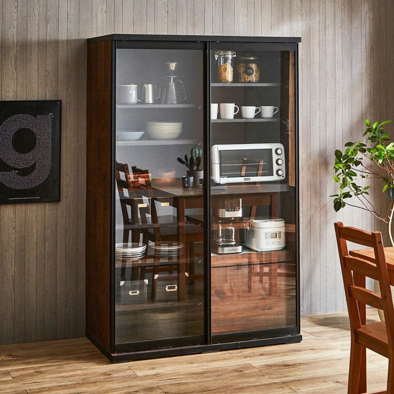 ストーンブラック本体・スモークガラス 扉組子風加工(ウォールナット×名月)