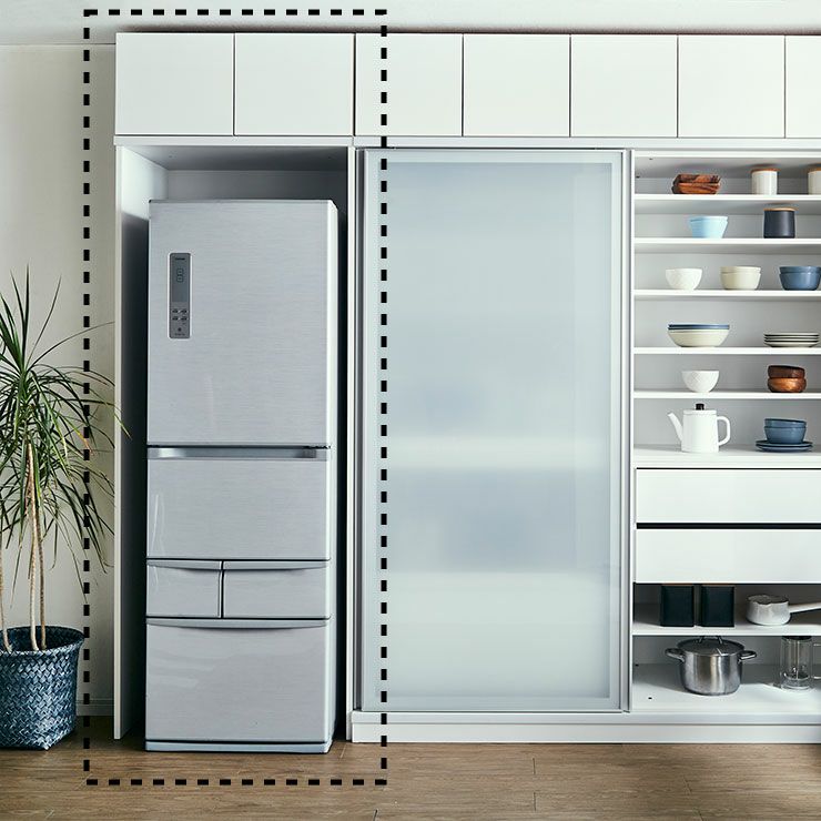 左:冷蔵庫ユニット(幅80)右:レンジボード(幅180、扉/プレミアムミスト)