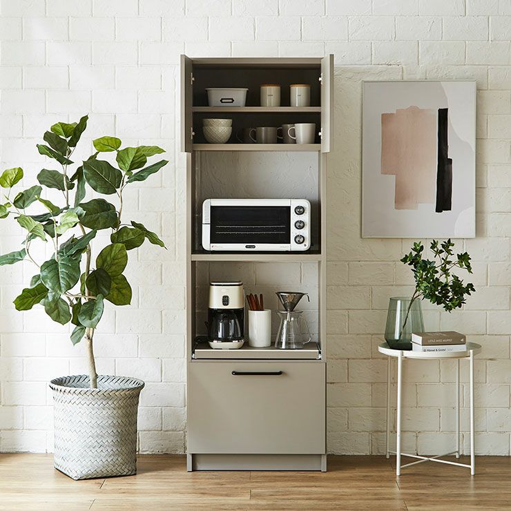 幅59×奥行40cmのアッシュグレイスリム食器棚