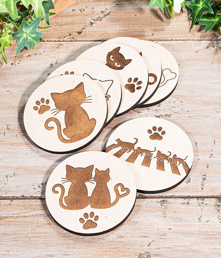 7種から選べるデザイン 木製コースター 4枚セット 猫 ネコ 9cm