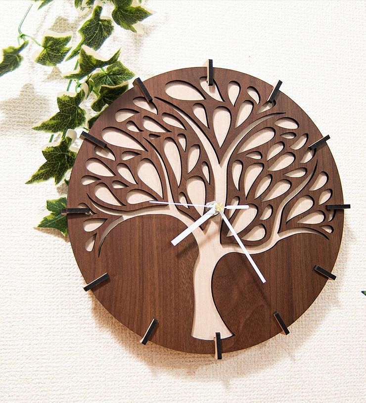 木製壁掛け時計 木 ツリー 葉っぱ リーフ ウォールクロック 壁時計 